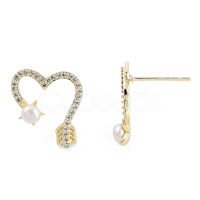 Clear Cubic Zirconia Arrow & Heart Asymmetrical Earrings with Natural Pearl Beaded EJEW-T019-06G-1