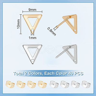 80Pcs 2 Colors 201 Stainless Steel Triangle Stud Earring Findings with Hole & 304 Stainless Steel Pins &and Ear Nuts STAS-UN0046-99-1