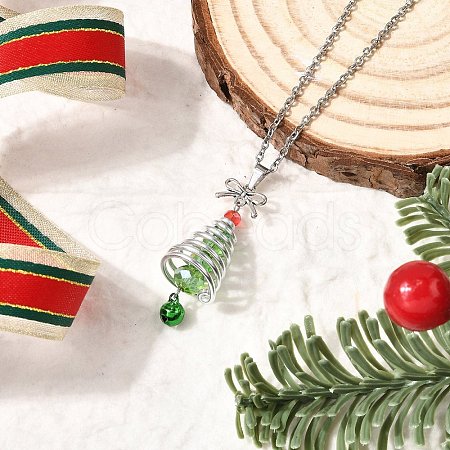 Aluminum & Green Glass Silver Christmas Tree Pendant 304 Stainless Steel Cable Chain Necklaces NJEW-JN05423-1