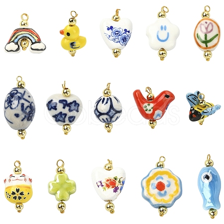 15Pcs Handmade Porcelain Pendants PALLOY-YW00126-1