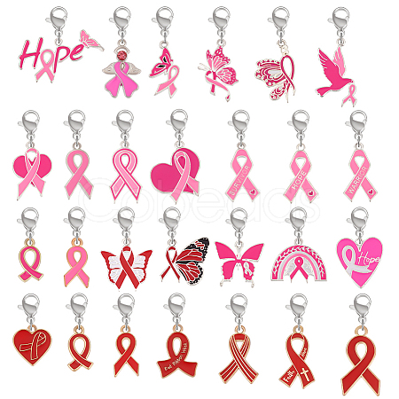 Breast Cancer Pink Awareness Ribbon Alloy Enamel Pendant Decorations HJEW-AB00616-1