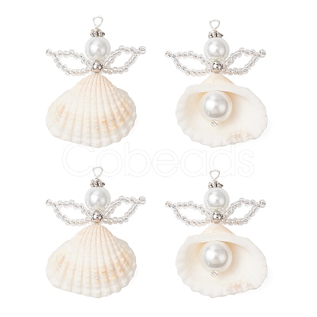 4Pcs Natural Clam Shell & Glass Angel Pendants PALLOY-MZ00718-02-S-1