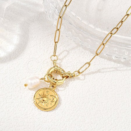 201 Stainless Steel Disc with Sun and Moon Pendant 304 Stainless Steel Paperclip Chain Necklaces with Natural Pearl Beads for Women NJEW-JN06328-1