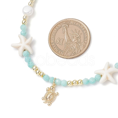 Natural Amazonite Faceted Round and Natural Cultured Freshwater Pearl & Starfish Synthetic Turquoise Beaded Brass Turtle Pendant Necklaces for Women NJEW-JN05496-04-1