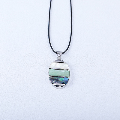 Oval Alloy Pave Natural Mixed Shell Pendant Necklaces FS-WGA0329-01-1