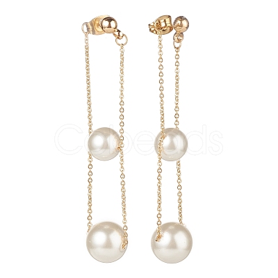 Round Shell Beads with Long Chain Tassel Dangle Stud Earrings EJEW-TA00092-1