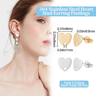 40Pcs 2 Colors 304 Stainless Steel Heart Stud Earring Findings STAS-BBC0002-37-1
