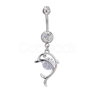 Piercing Jewelry Real Platinum Plated Brass Rhinestone Dolphin Navel Ring Belly Rings AJEW-EE0001-63-1