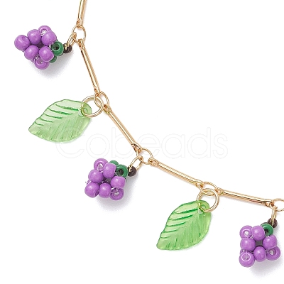Acrylic Leaf & Glass Seed Beaded Grapes Tassel Brass Bar Link Chain Anklets for Women AJEW-MZ00008-01-1