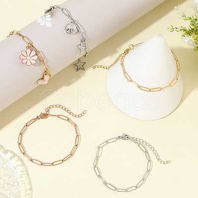 15Pcs 3 Colors 304 Stainless Steel Paperclip Chain Bracelets BJEW-BBC0001-20-1