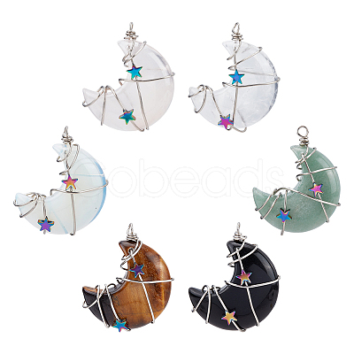 6Pcs 6 Styles Natural & Synthetic Gemstone Copper Wire Pendants G-CA0001-56-1
