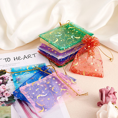 100Pcs 10 Colors Star & Moon Printed Organza Gift Bags OP-YS0001-02A-1