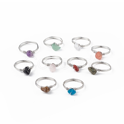 Natural Mixed Gemstone Chips Finger Ring RJEW-L082-03P-1