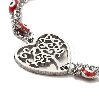 Red Enamel Evil Eye & 304 Stainless Steel Curb Chains Double Layer Multi-strand Bracelet with Charm for Women BJEW-C025-09P-1
