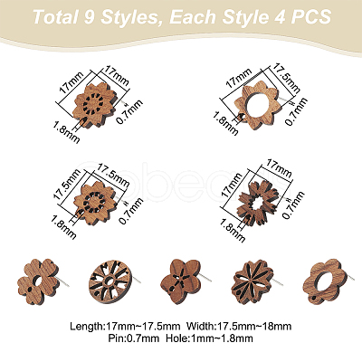 36Pcs 9 Style Walnut Wood Stud Earring Findings MAK-UN0001-43-1