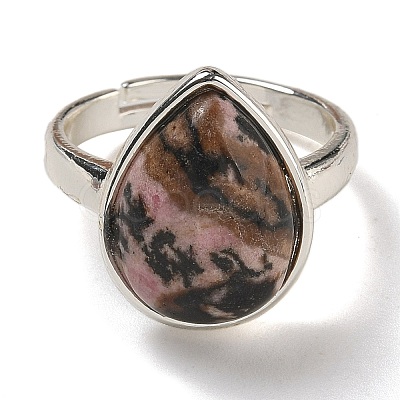 Natural Rhodonite Teardrop Adjustable Rings RJEW-K371-08S-12-1