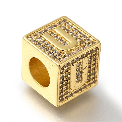 Brass Cubic Zirconia Square European Beads KK-Q818-01U-G-1