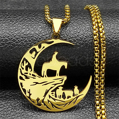 201 Stainless Steel Hollow Cut Cowboy Moon Pendant Necklaces NJEW-H065-26G-1