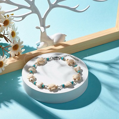Heart & Tortoise Synthetic Turquoise Beaded Anklet AJEW-AN00459-01-1