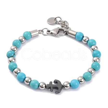 Synthetic Turquoise & Synthetic Magnetic Hematite Anchor Beaded Bracelet BJEW-P339-01P-05-1