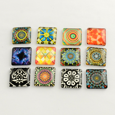 Floral Pattern Glass Flatback Square Cabochons for DIY Projects X-GGLA-S022-15mm-37-1