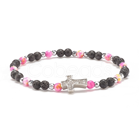 Natural & Synthetic Mixed Gemstone Beaded Stretch Bracelet with Clear Cubic Zirconia Cross for Women BJEW-JB08247-04-1