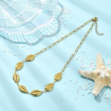 Ocean 304 Stainless Steel Shell Shape Link Chain and Paperclip Chain Necklaces for Women NJEW-JN06131-1