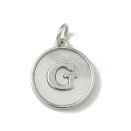 Brass Pave Natural Shell Flat Round with Letter Charms KK-Z115-13P-G-1