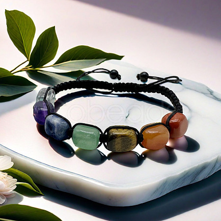 Natural Quartz Crystal & Amethyst & Sodalite & Green Aventurine & Red Aventurine & Tiger Eye & Red Jasper Cuboid Beaded Braided Bead Bracelets FS-WGE3E5A-01-1