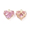 Brass Glass Heart Charms, Faceted, Pink, Real 18K Gold Plated, 14x13.5x5mm, Hole: 1.8mm