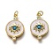 Brass Micro Pave Clear & Deep Sky Blue Cubic Zirconia Pendants, Long-Lasting Plated, with Jump Rings & White Enamel, Flat Round with Eye, Real 18K Gold Plated, 20x13x2.1mm, Hole: 2.5mm