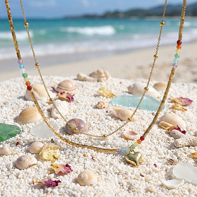 Rainbow Glass & Natural Stone & Brass Beaded Stainless Steel Chain Double Layer Necklaces with Heart Pendant for Beach Vacation Accessories TH6527-1-1