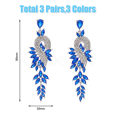 3 Pairs 3 Colors Sparkling Rhinestone Leafy Branch Dangle Stud Earrings EJEW-FI0001-90-1