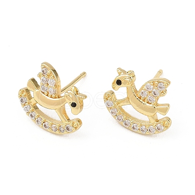 Brass Micro Pave Clear Cubic Zirconia Hobbyhorse Stud Earrings EJEW-F400-06G-1