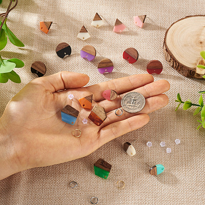 DIY 12 Pairs 12 Style Two Tone Resin & Walnut Wood Stud Earring Findings DIY-CW0001-35-1