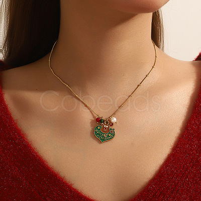 304 Stainless Steel Enamel & Rhinestone & Resin Christmas Pendant Necklaces for Women FS-WG85DFF-07-1