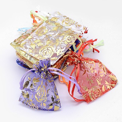 Gold Stamping Rose Flower Rectangle Organza Gift Bags OP-L006A-01-1