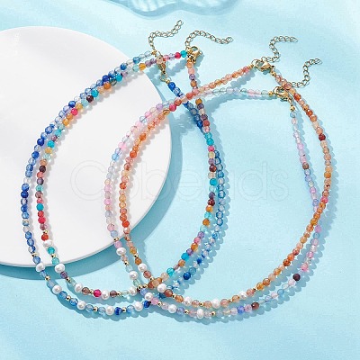 4MM Natural Agate(Dyed & Heated) Faceted Round & Potato Natural Pearl Beaded Necklaces NJEW-JN06031-1