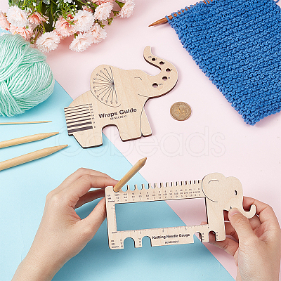 1 Set Elephant Shape Wooden Knitting Needle Gauge & Yarn Wrap Guide Board DIY-BC0006-94-1