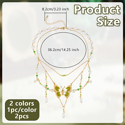2Pcs 2 Colors Alloy Enamel Butterfly Pendant Double Layer Necklaces for Women NJEW-OC0001-05-1