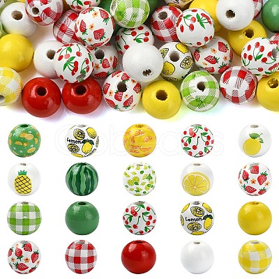 100Pcs 10 Styles Fruit Printed Wood European Beads WOOD-YW0001-86-1