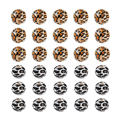 100Pcs 2 Patterns Printed Natural Wooden Beads WOOD-BY0001-01-1