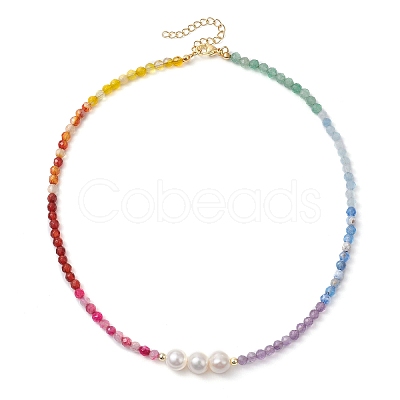 4mm Faceted Round Dyed Natural Agate & Carnelian & Green Aventurine & Aquamarine & Amethyst Beaded Chakra Necklaces NJEW-JN05111-1