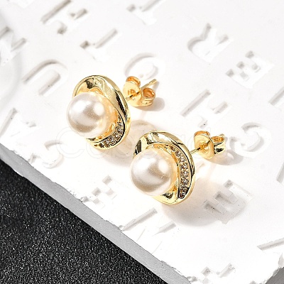 Round Brass Micro Pave Clear Cubic Zirconia Stud Earrings EJEW-C154-09G-1