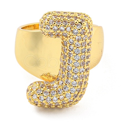Brass Micro Pave Clear Cubic Zirconia Letter Open Cuff Ring for Women RJEW-M173-01G-J-1