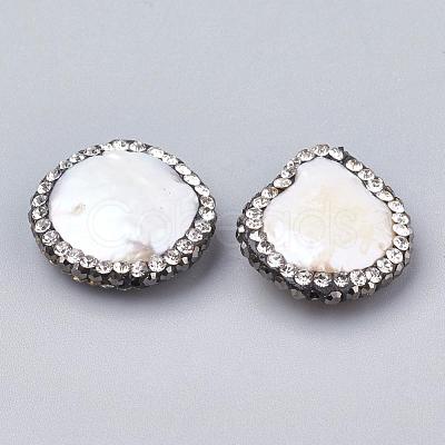 Flat Round Polymer Clay Rhinestone Natural Freshwater Shell Beads SHEL-R010-08-1