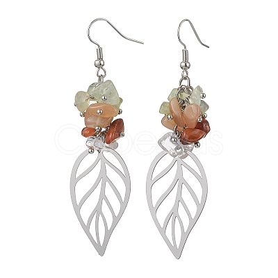 Leaf 201 Stainless Steel Natural Quartz Crystal & Natural Prehnite & Natural Carnelian & Natural Sunstone Chip Dangle Earrings EJEW-JE06138-03-1