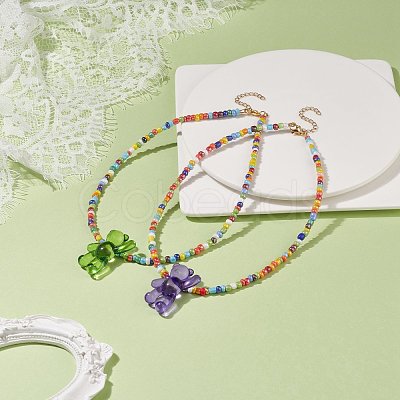 Acrylic Bear & Glass Seed Beaded Necklace for Women NJEW-JN03930-1