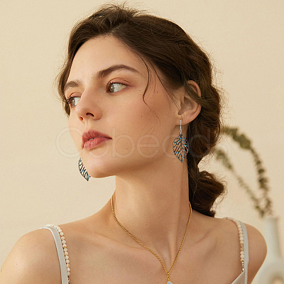 4 Pairs 4 Style Wood Hollow Leaf Dangle Earrings EJEW-FI0001-95-1