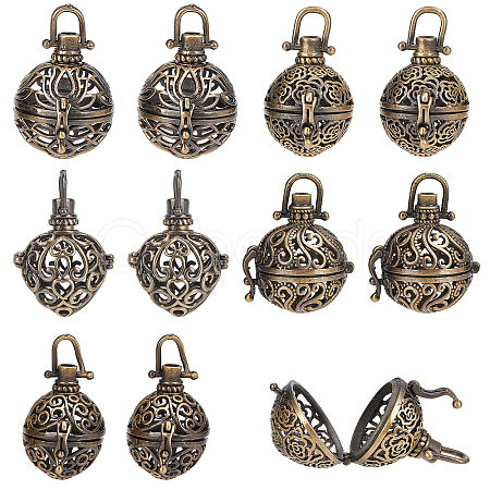 SUNNYCLUE 10Pcs 5 Styles Round Brass Hollow Cage Pendants KK-SC0003-05-1